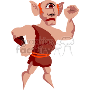 This clipart image shows a fantasy cyclops monster. The cyclops appears to be muscular and is wearing a brown tunic with an orange belt. It has a single eye in the center of its forehead and pointed ears, with red accents that might indicate patterns or face paint. The cyclops' pose is dynamic and shows one arm raised in a display of strength.
