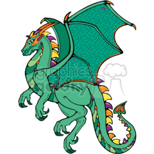 The clipart image depicts a large, green dragon with a scary appearance in a cartoon style. The dragon is shown in a country-style setting and is an animal commonly associated with folklore and mythology.
