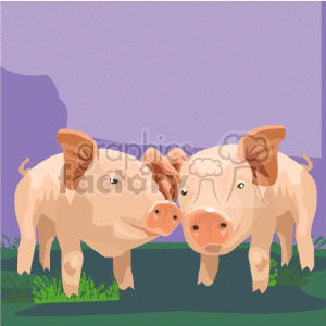 The clipart image depicts two cartoon pigs standing on grass with a purple sky in the background. They appear to be baby pigs, commonly known as piglets, and are looking towards the viewer with a curious expression.