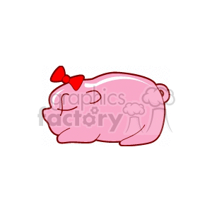 The image is a cartoon of a pink pig with a small red bow on its head. It appears to be lying down comfortably, and its eyes are closed, indicating it might be sleeping or resting.
