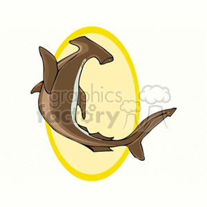 The clipart image depicts a stylized illustration of a hammerhead shark against an oval-shaped, yellow background.