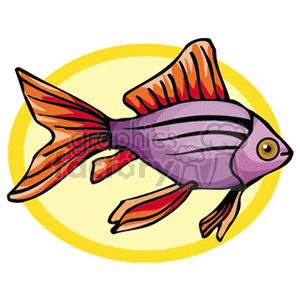 The clipart image features a stylized colorful tropical fish. The fish has purple and orange stripes with prominent fins and a noticeable eye. It is depicted against a yellow circular background, which could represent the sun or a simplified aquatic backdrop.