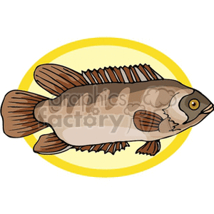The image is a clipart illustration featuring a cartoon fish. The fish is depicted with a brown and cream striped body, fins, and a round eye. It appears to be stylized rather than realistic and is set against a yellow circular background.