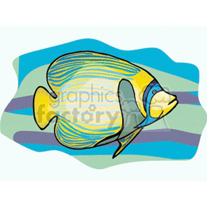 The clipart image features a stylized representation of a tropical fish. It has a prominent yellow and blue coloration with vertical stripes, a yellow tail, and blue fins. The background suggests a watery, underwater environment with wavy lines of different colors, likely representing the ocean floor or seaweed.
