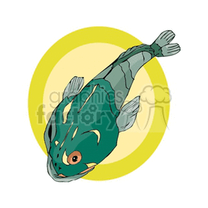 The clipart image features a stylized drawing of a fish. The fish is illustrated with details like fins, scales, and an eye, against a backdrop of a yellow circular shape.