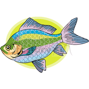 The clipart image features a colorful, stylized tropical fish with shades of green, blue, and pink across its scales. The fish has prominent fins and a cartoonish appearance, with an exaggerated eye and a playful expression.
