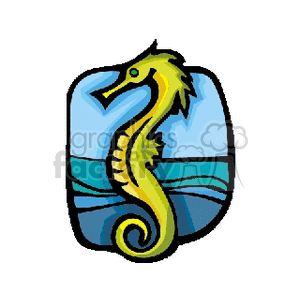 The clipart image depicts a stylized yellow and green seahorse with a curved tail in front of blue water. The image has a cartoonish appearance, with bold outlines and simplified shapes.