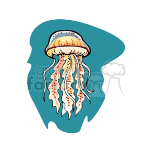The image displays a colorful clipart illustration of a jellyfish. It features a detailed depiction of the jellyfish's bell and trailing tentacles with various dotted patterns. The jellyfish is set against a teal background, reminiscent of an underwater ocean environment.