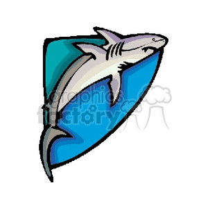 The clipart image features a stylized representation of a shark. The shark is depicted in white and gray, showcasing its streamlined body, fins, gills, and tail. The background consists of a blue wave-shaped design, giving the appearance that the shark is swimming.