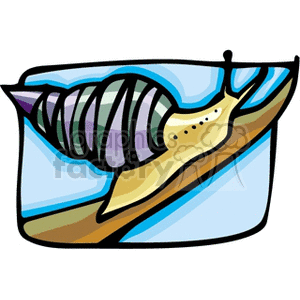 The image is a stylized clipart of a snail. The snail appears to have a striped shell in shades of purple and white, with its body shown in a yellowish color. It's depicted on a ground-like surface with shades of brown, and a blue backdrop that might suggest the sky.