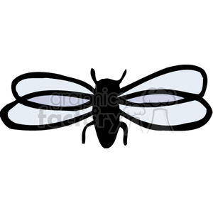 Clipart image of a black and white illustration of a flying insect with four wings.