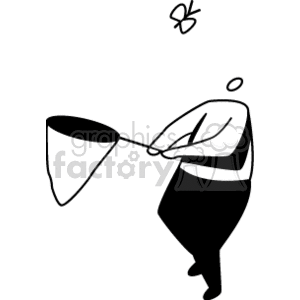 A simple black-and-white clipart image of a person holding a net, attempting to catch a butterfly.