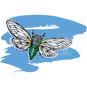 A detailed clipart image of a moth on a blue brushstroke background. The moth has transparent wings, a green body, and a dark head.