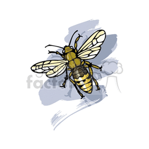 Illustration of a bee with detailed wings and body, set against a brushstroke background.