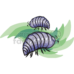 Clipart image of two blue roly-poly bugs on a green leafy background.