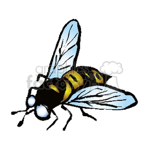 A clipart image of a buzzing bee with blue wings and a yellow and black body.