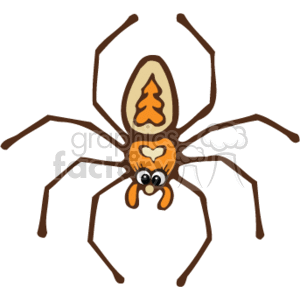   The image is a cartoon-style clipart of a spider. It features a stylized representation of a spider with a country or rustic theme, evidenced by the warm colors and whimsical design patterns on its body. Specifically, there