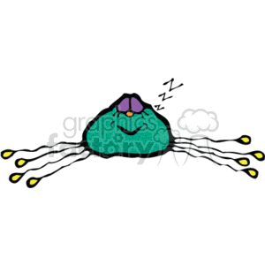 The clipart image depicts a cartoon-style spider. The spider is green with yellow and black detailing at the end of its legs, and appears to be sleeping contently, indicated by the zzz above its head. It has a simple face with a smile. The spider is designed in a whimsical, country-inspired style, adding charm and character to the depiction of this typically less-cuddly member of the animal kingdom.
