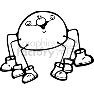   The image shows a cartoon-style drawing of a spider. This spider has a round body, a funny and silly facial expression with two eyes and a mouth that is visible on its head. The spider has eight legs extending from its body, which end in shoes. The shoes appear to be country or farm-style boots. This is a black and white image and is in a simplistic line art style suitable for children