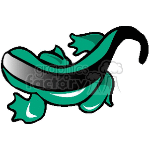 The image is a piece of clipart depicting a stylized green lizard. The lizard has a curved body, a long black stripe down its back, and leaf-like frills around its body, giving it a decorative appearance.