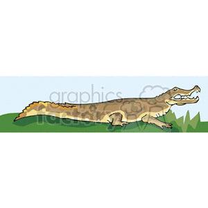 The clipart image shows an animated representation of a large reptilian animal often found near water, resembling either an alligator or a crocodile. It is depicted with its mouth open, bearing teeth, and appears to be on land against a backdrop that suggests grass and sky.
