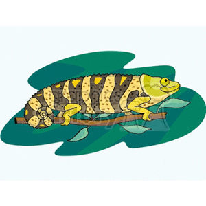 This is an image of a cartoon chameleon. The chameleon is depicted in a stylized manner with stripes and spots in various shades of yellow, brown, and black, against a silhouette of green foliage in the background. It's presented on a branch with leaves, which is typical of a chameleon's habitat.