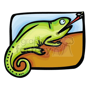 The clipart image shows a stylized cartoon of a green chameleon extending its tongue to catch an insect on a brown surface, possibly a branch or a rock. The background suggests a simplistic sky or a frame.