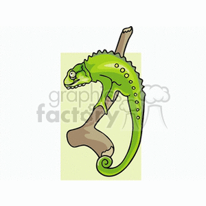 The image depicts a cartoon of a green chameleon clinging to a brown branch with its tail curled up. The chameleon's body is adorned with yellow spots, and it has an exaggerated smile on its face.