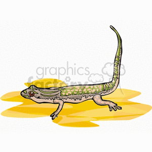 The image is a clipart of a cartoon-style lizard with a predominantly green body featuring darker green spots. It appears to be a generic representation rather than a specific species. The lizard's eyes are large and red, with a black pupil, while its belly is a lighter shade of green. It is depicted in a dynamic pose, as if it is walking or running, with its tail raised. The background consists of abstract yellow shapes that might suggest a simplified environment or the sun.