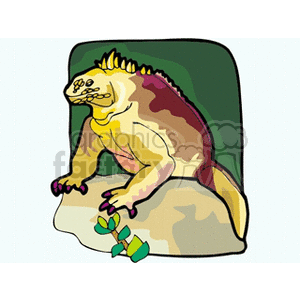 This is a colorful clipart image of a stylized lizard, possibly an iguana, depicted sitting on a rock. The lizard has a prominent spiny crest along its back and a detailed textured skin in shades of yellow, purple, and green. It seems to be in a relaxed posture with its front limbs resting on the rock, and the background is a simple gradient of green, possibly representing foliage or a natural environment.