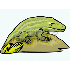 The image depicts a cartoon of a green lizard with yellow spots resting on a rock. 