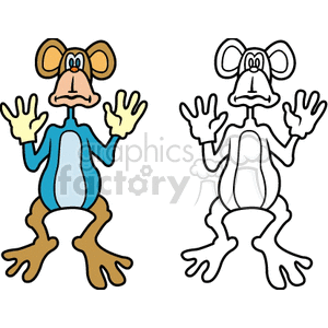 This clipart image features two cartoon monkeys standing side by side. One monkey is colorfully illustrated in shades of blue, brown, and beige, while the other is in black and white, suitable for coloring. Both monkeys are depicted in a fun, playful, and expressive manner, with their hands raised and big ears.