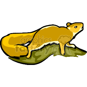   This clipart image illustrates a stylized depiction of a squirrel. The squirrel is colored in shades of yellow and brown and is positioned as if it