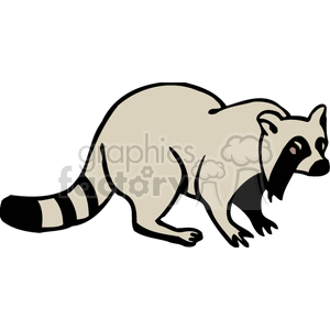 The image is a clipart illustration of a raccoon in a side profile view. The raccoon has distinct features such as a bushy striped tail, a masked face with dark areas around its eyes, and a hunched posture as it appears to be walking or searching for something.