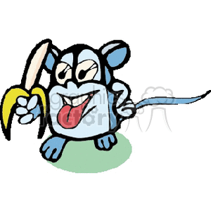 The image is a cartoon illustration of a blue mouse standing on its hind legs, holding a yellow piece of cheese with one hand, and sticking its tongue out playfully.