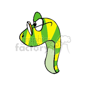 The image depicts a stylized cartoon of a snake in a playful design, characterized by bold yellow and green stripes. It sports a pair of glasses with circular lenses on its nose, contributing to its anthropomorphic and whimsical character.