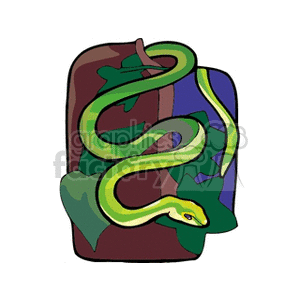 The image appears to be a stylized illustration of a snake that resembles a boa constrictor, depicted with green serpentine curves, resting among what seems to be foliage or greenery.