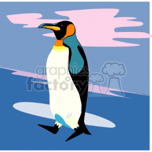 This clipart image features a stylized depiction of a penguin standing on what appears to be ice, with a body of water in the foreground and a pink-tinged sky in the background.