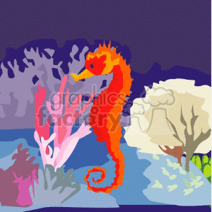 An artistic illustration of a vibrant orange seahorse swimming among colorful coral reefs in an underwater scene.