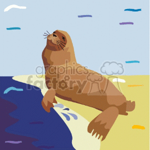 This clipart image features a single seal lying on a beach with water nearby. The seal's body is prominently displayed, and it appears to be either resting or basking. The background is stylized with simple elements indicating water ripples and a horizon line, suggesting a seaside environment.