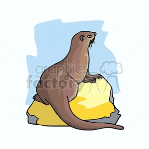 A clipart image of an otter sitting on a rock against a light blue background.