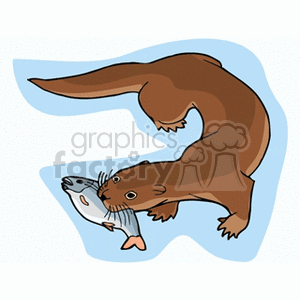 Clipart image of an otter holding a fish in its mouth.