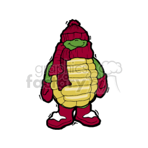   This clipart image depicts a cartoon turtle dressed warmly for winter. The turtle is wearing a green beanie hat, a red and purple striped scarf, and red boots. The turtle