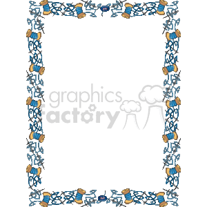   The image is a decorative border with a sewing and crafting theme. The border features several elements related to sewing, such as spools of thread, needles, and bits of yarn or thread. These items are intricately arranged to create an ornate frame around the edge of the image, leaving a large open space in the center, which could be used to insert text or other graphic elements. The design evokes a sense of creativity and could be well-suited for flyers, invitations, or any creative project related to sewing, knitting, or crafting. 