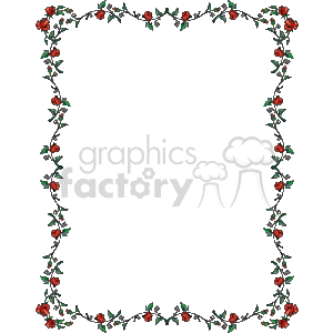 The image is a decorative clipart frame that features a border made from an intertwine of rose flowers and vines. The roses are red and they are connected by a green vine with green leaves. This type of border is often used for stationary, creating a formal or romantic outline for invitations, certificates, or pages. The center of the frame is blank, leaving space for text or other content to be added.