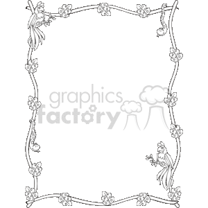 The clipart image depicts a stylized border with a jungle or tropical theme. The border features a series of vines or branches forming a rectangular frame. Along these vines, there are various leaves that add to the tropical aesthetic. In two corners, there are perched exotic birds, which appear to be parrots, with plumes and details that suggest a wild or natural setting. Additionally, entwined within the vines are snakes that add to the jungle motif. They are positioned in a way that adds to the ornamental design of the border. The entire image is monochrome, suggesting it could be used as a frame or decorative element in a variety of applications where a jungle or tropical theme is desired.