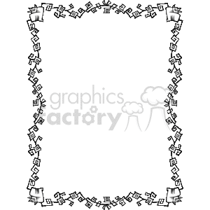 This black and white clipart image is a decorative border. The design features an assortment of abstract symbols arranged to create an ornate frame around the border of the page. There are what looks like ornate looking birds in each of the corners. 