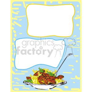 This clipart image features a bowl of food, possibly a salad or stir-fry, with a spoon in it. The background is light blue with abstract yellow patterns. There are two white text boxes outlined in yellow, designed for adding custom text.