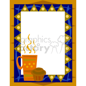 A clipart image featuring a decorative border with geometric shapes and a blank white center. In the bottom left corner, there is an image of a steaming hot beverage in an orange mug and a muffin.