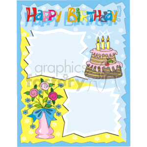 Happy birthday photo frame with a cake and flowers